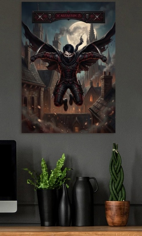 Assassin in Medieval City — metal poster wall art by Lineer